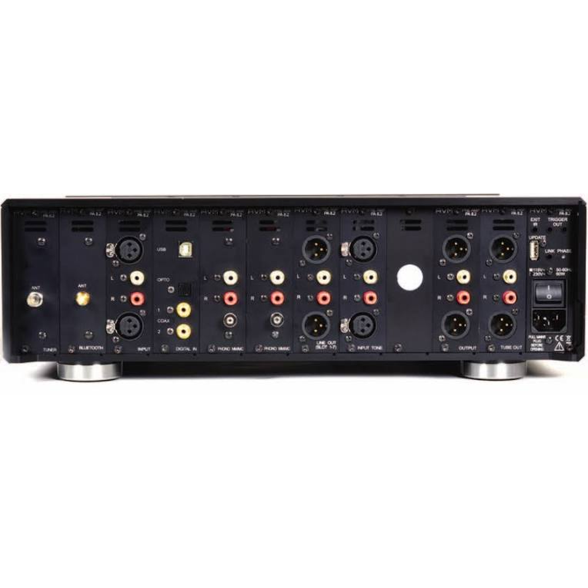 AVM Ovation PA 8.3 Vorverstärker Silber Anschlussfeld mit bestückten Modulsteckplätzen, XLR- und Cinch-Buchsen
