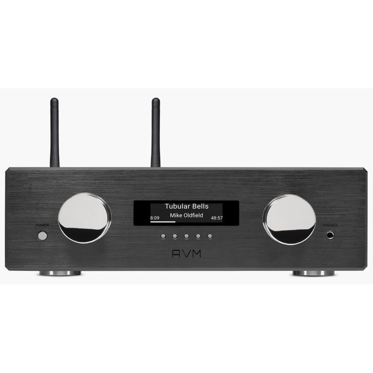 AVM Ovation PAS 8.3S Streaming-Vorverstärker Schwarz Frontansicht mit Display und Antennen