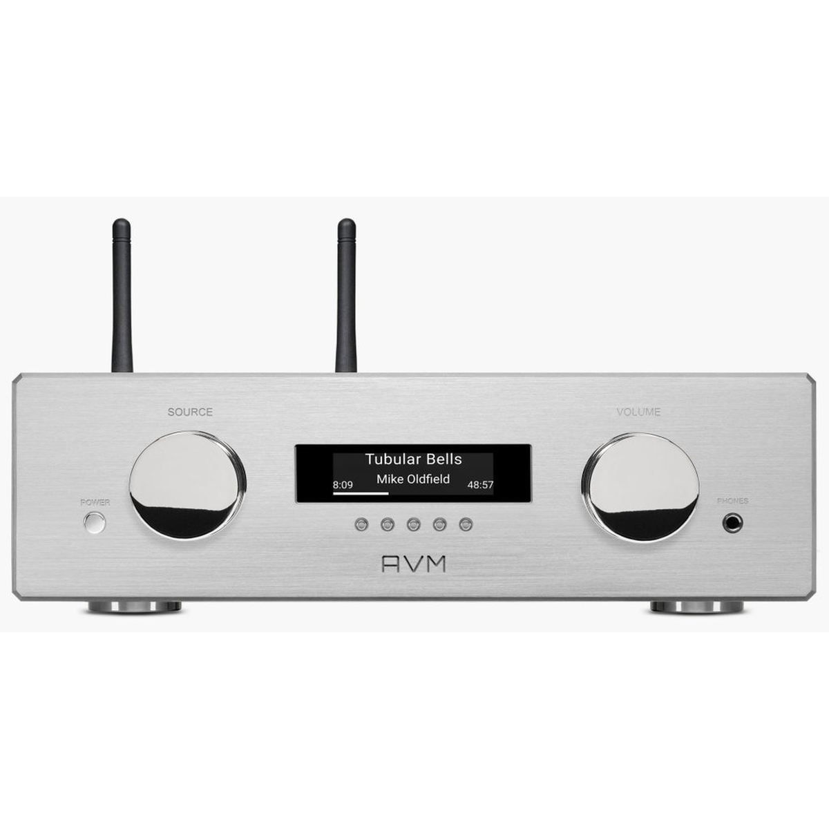 AVM Ovation PAS 8.3S Streaming-Vorverstärker Silber Frontansicht mit Display und Antennen