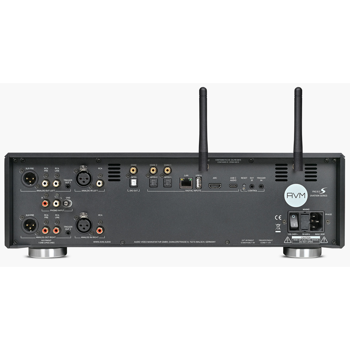 AVM Ovation PAS 8.3S Streaming-Vorverstärker Silber Rückansicht mit Analog-, Phono- und Digitaleingängen