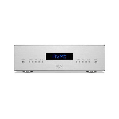 AVM Ovation PH 6.3 Phono-Vorverstärker Silber Frontansicht mit blauem Display