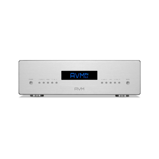 AVM Ovation PH 6.3 Phono-Vorverstärker Silber Frontansicht mit blauem Display