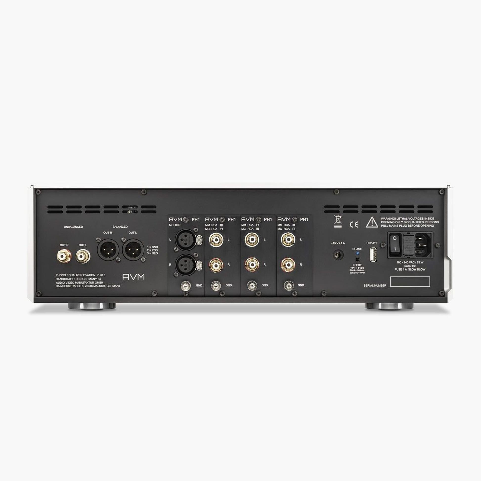 AVM Ovation PH 6.3 Phono-Vorverstärker Silber Rückansicht mit Anschlussfeld und Phono-Modulen