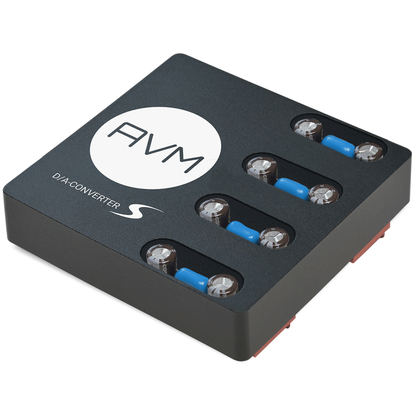 AVM Ovation S-DAC DAC-Modul Schrägansicht des geschirmten Moduls mit Abschirmhaube und AVM Logo