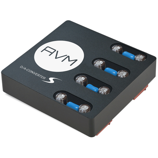 AVM Ovation S-DAC DAC-Modul Schrägansicht des geschirmten Moduls mit Abschirmhaube und AVM Logo
