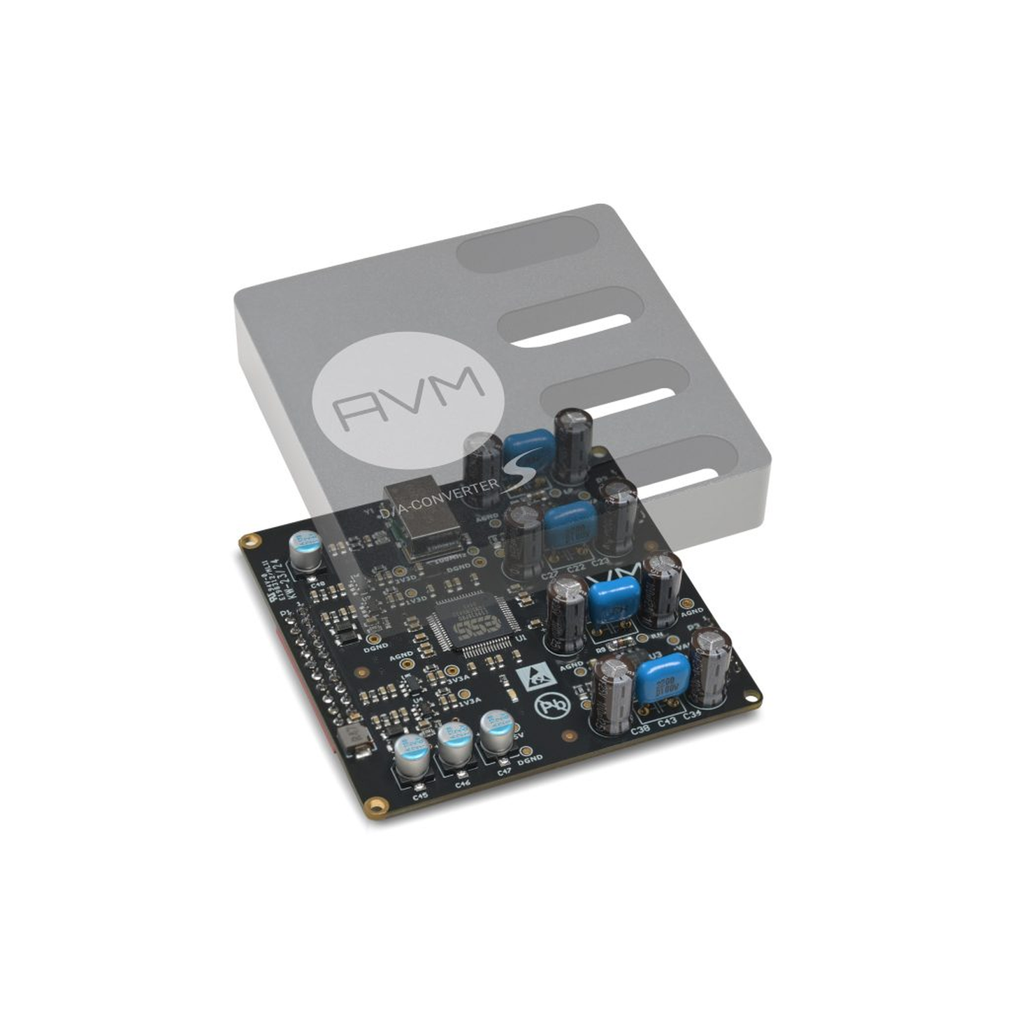 AVM Ovation S-DAC DAC-Modul Technikgrafik mit abgehobener Abschirmhaube und bestückter Platine