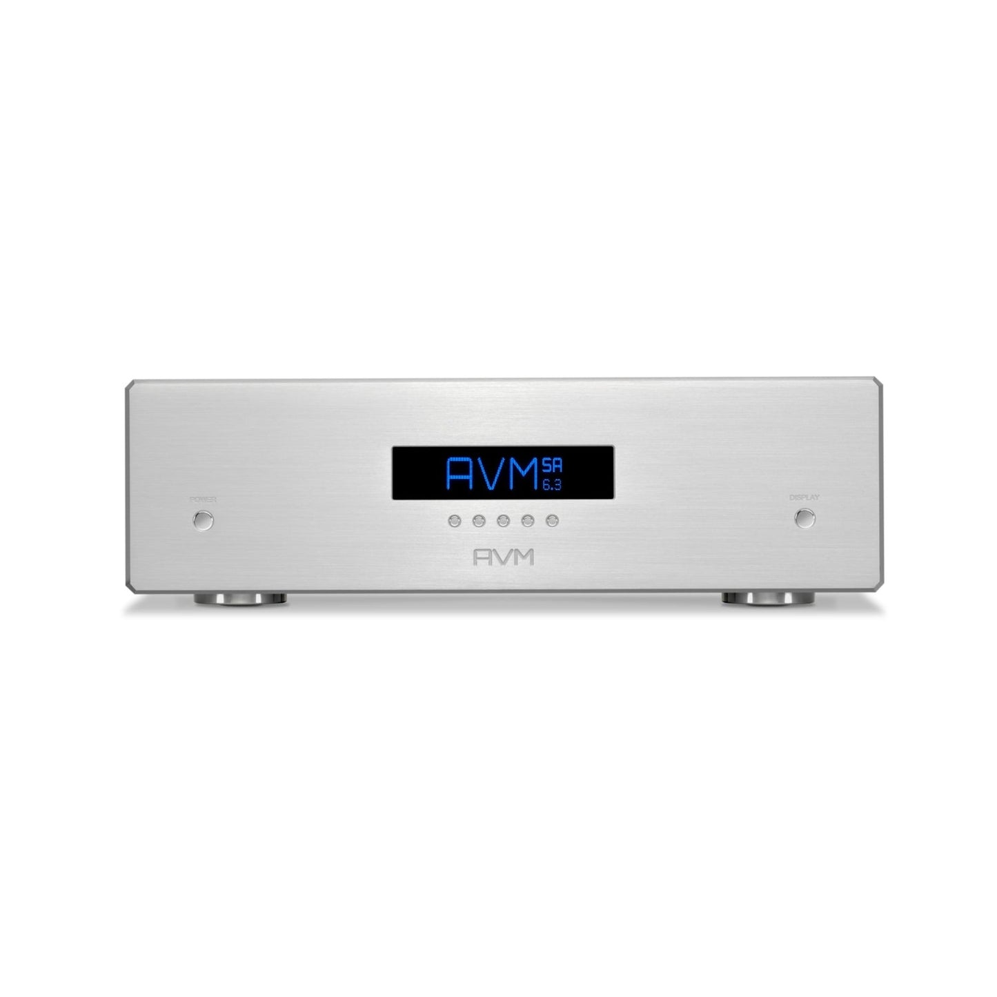 AVM Ovation SA 6.3 Stereo-Endstufe Silber Frontansicht mit gebürsteter Front und blauem Display