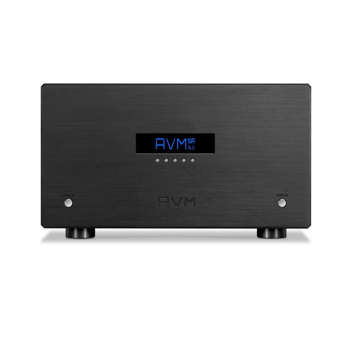 AVM Ovation SA 8.3 Stereo-Endstufe Schwarz Frontansicht mit blauem Display