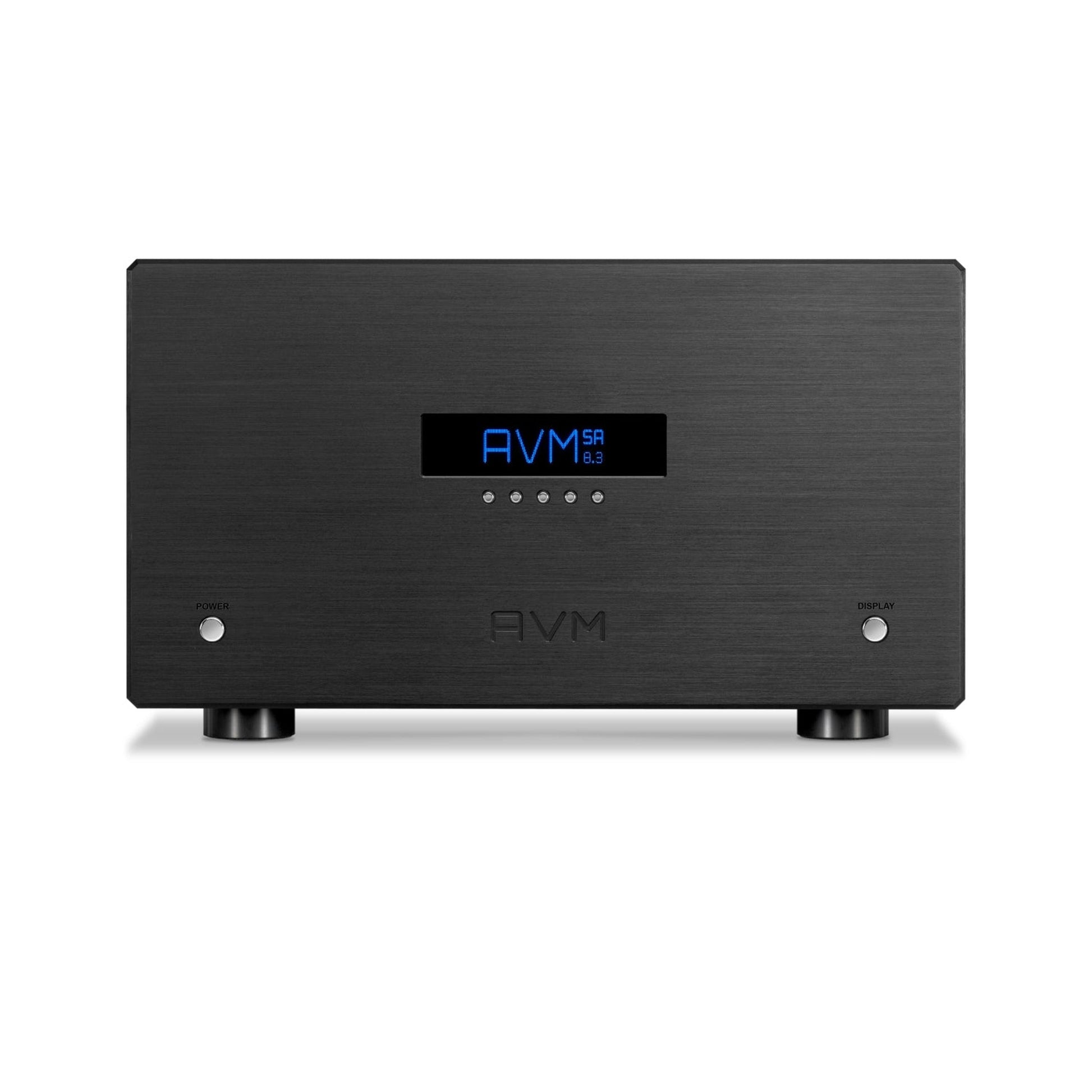 AVM Ovation SA 8.3 Stereo-Endstufe Schwarz Frontansicht mit blauem Display