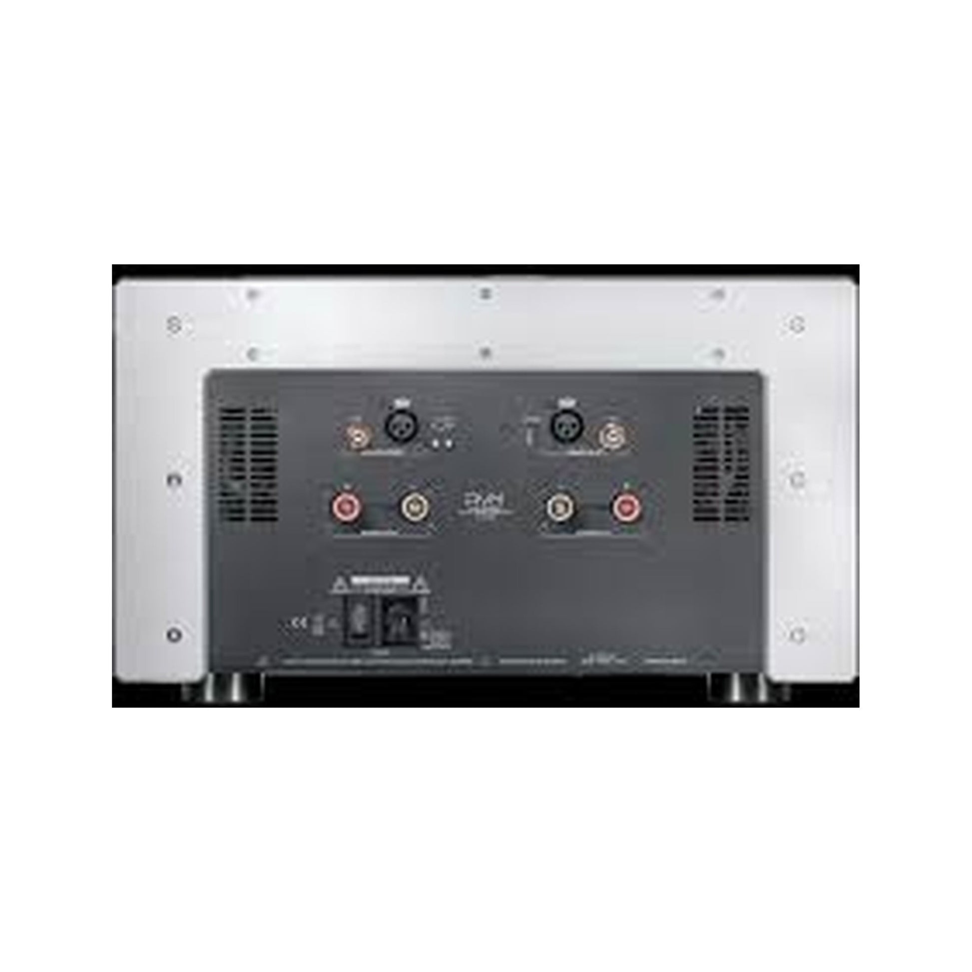 AVM Ovation SA 8.3 Stereo-Endstufe Rückansicht mit Anschlussfeld, XLR- und Cinch-Eingängen