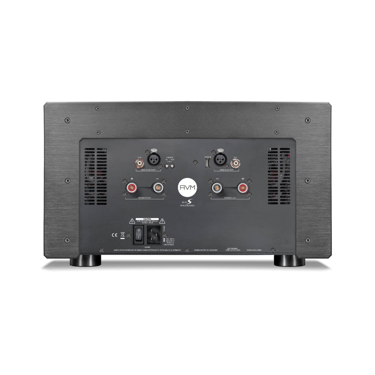 AVM Ovation SA 8.3S Stereo-Endstufe Schwarz, Rückansicht mit Anschlüssen