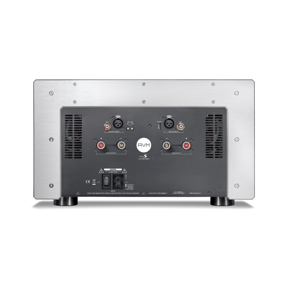 AVM Ovation SA 8.3S Stereo-Endstufe Silber, Rückansicht mit Anschlüssen