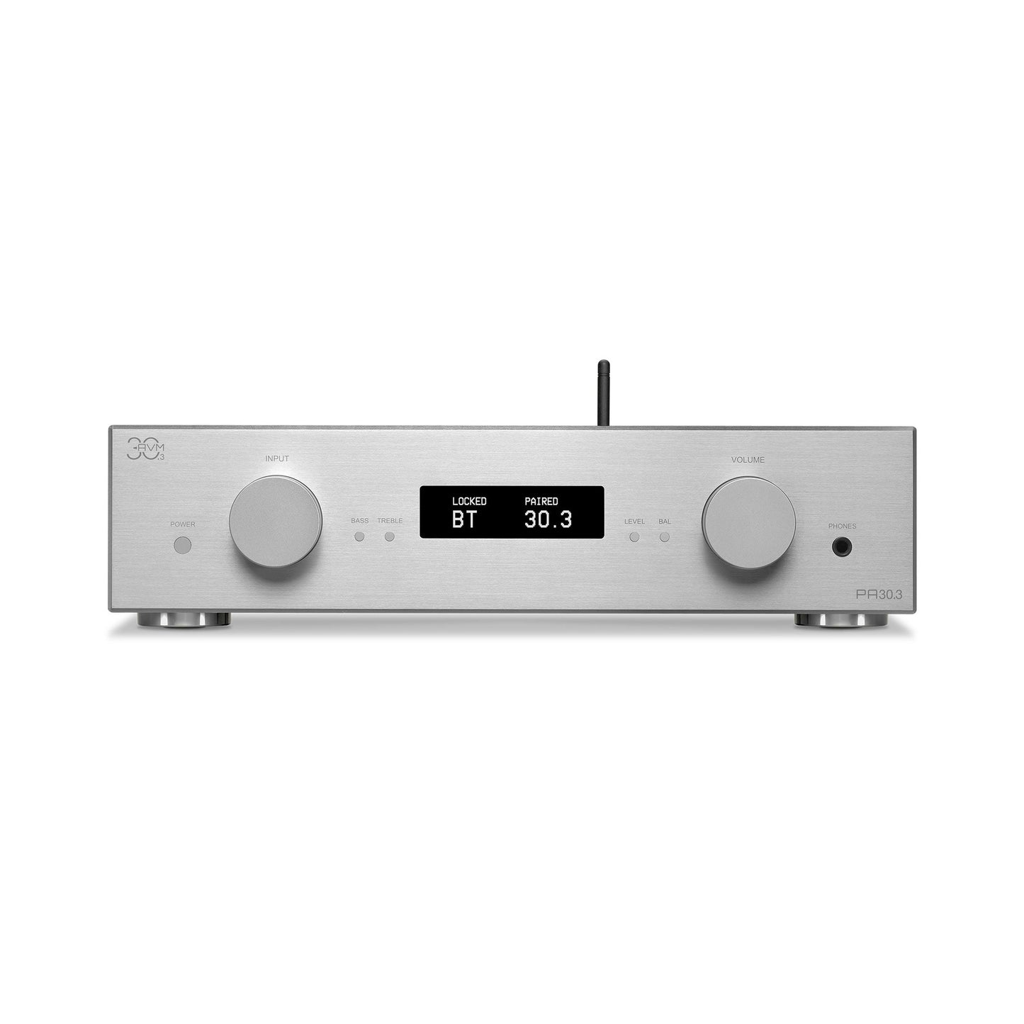 AVM PA 30.3 Vorverstärker Silber Frontansicht mit Display, Level- und Balance-Reglern