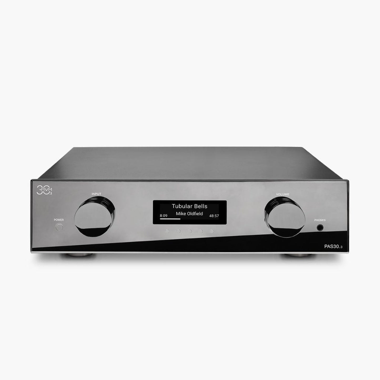 AVM PAS 30.3 Streaming-Vorverstärker Cellini Chrom Frontansicht mit OLED-Display