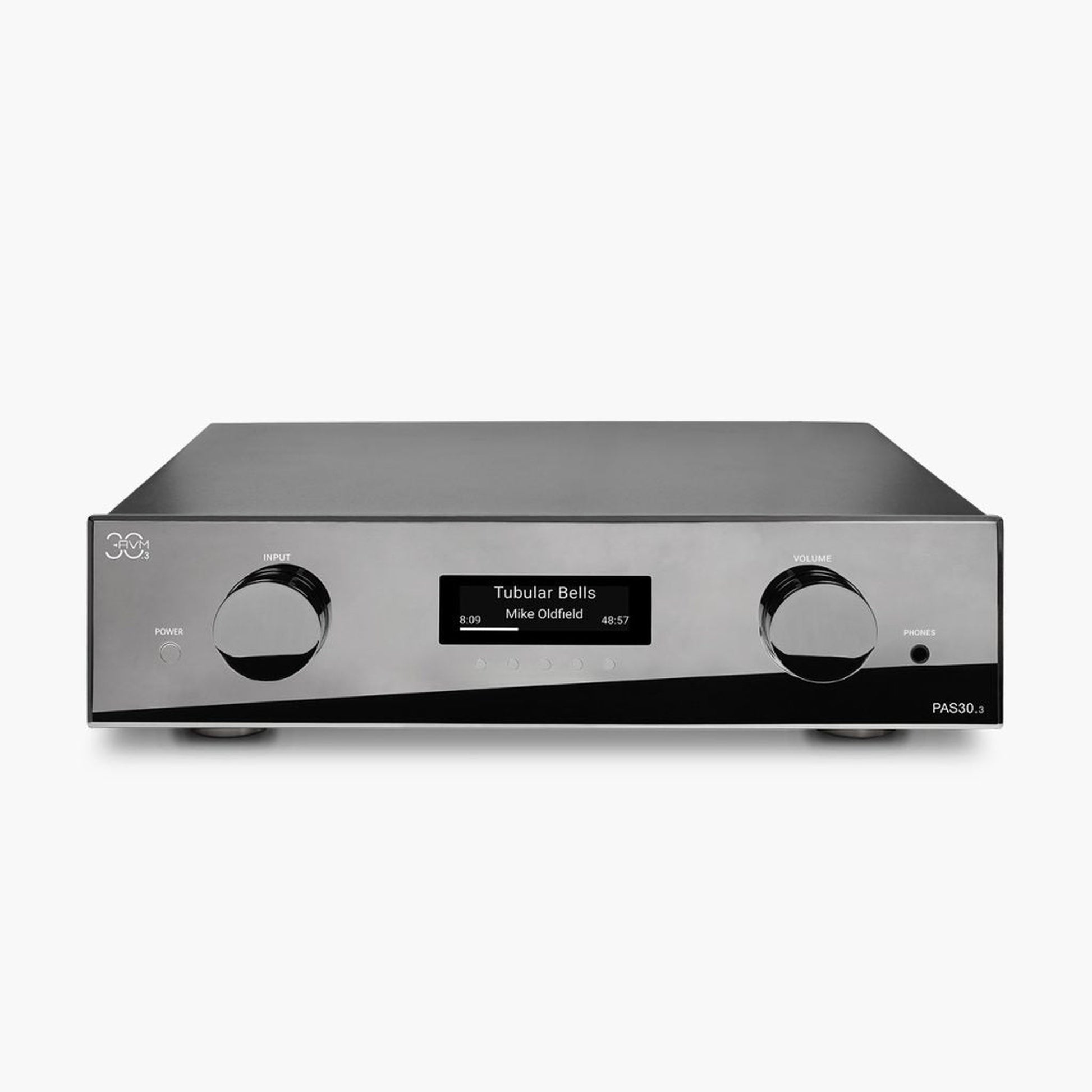 AVM PAS 30.3 Streaming-Vorverstärker Cellini Chrom Frontansicht mit OLED-Display