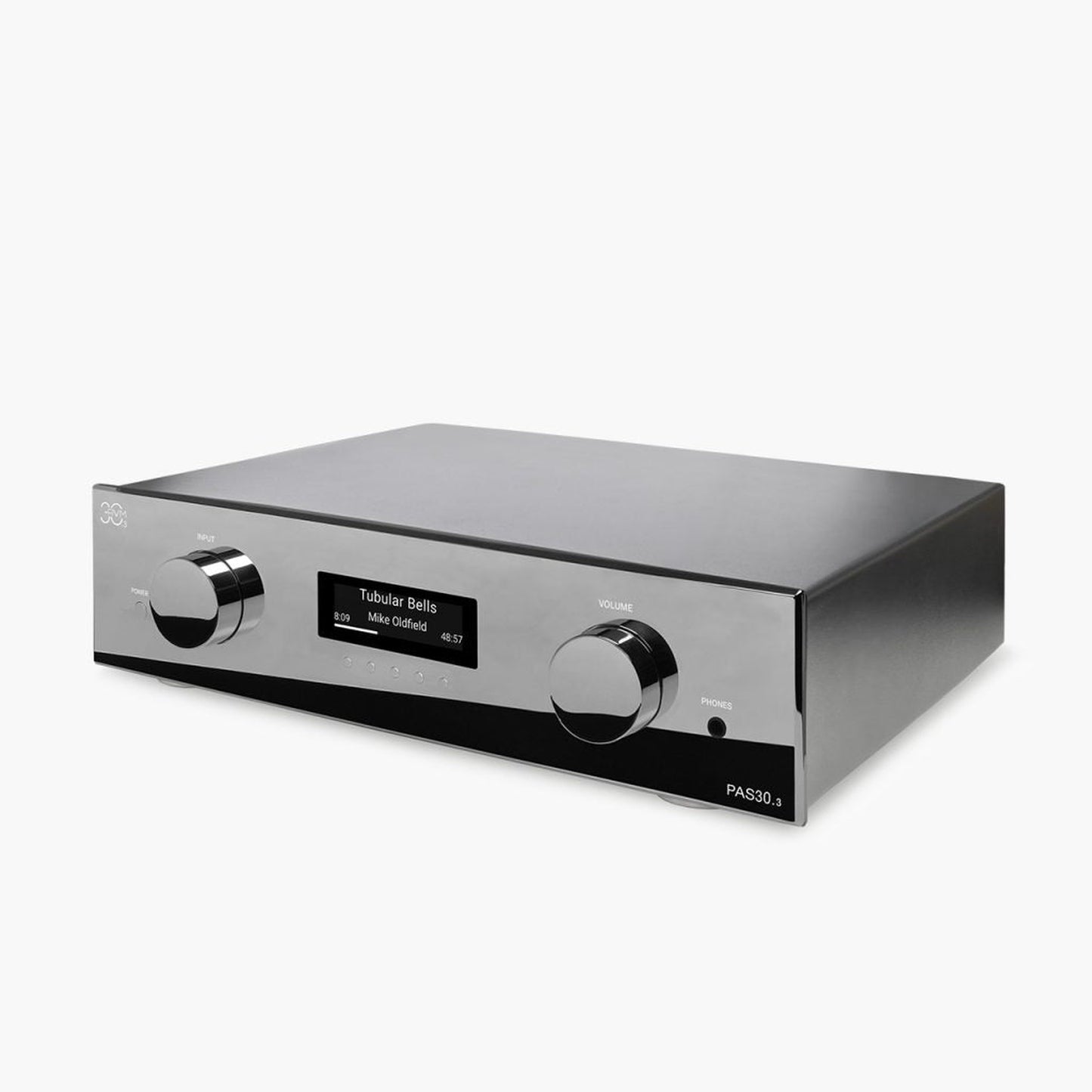 AVM PAS 30.3 Streaming-Vorverstärker Cellini Chrom Schrägansicht mit Front und Gehäuseoberseite