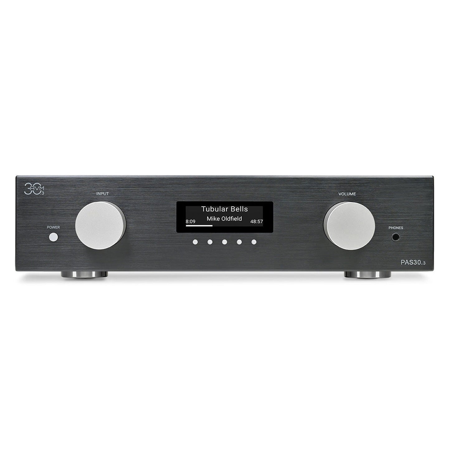 AVM PAS 30.3 Streaming-Vorverstärker Schwarz Frontansicht mit OLED-Display und Lautstärkeregler