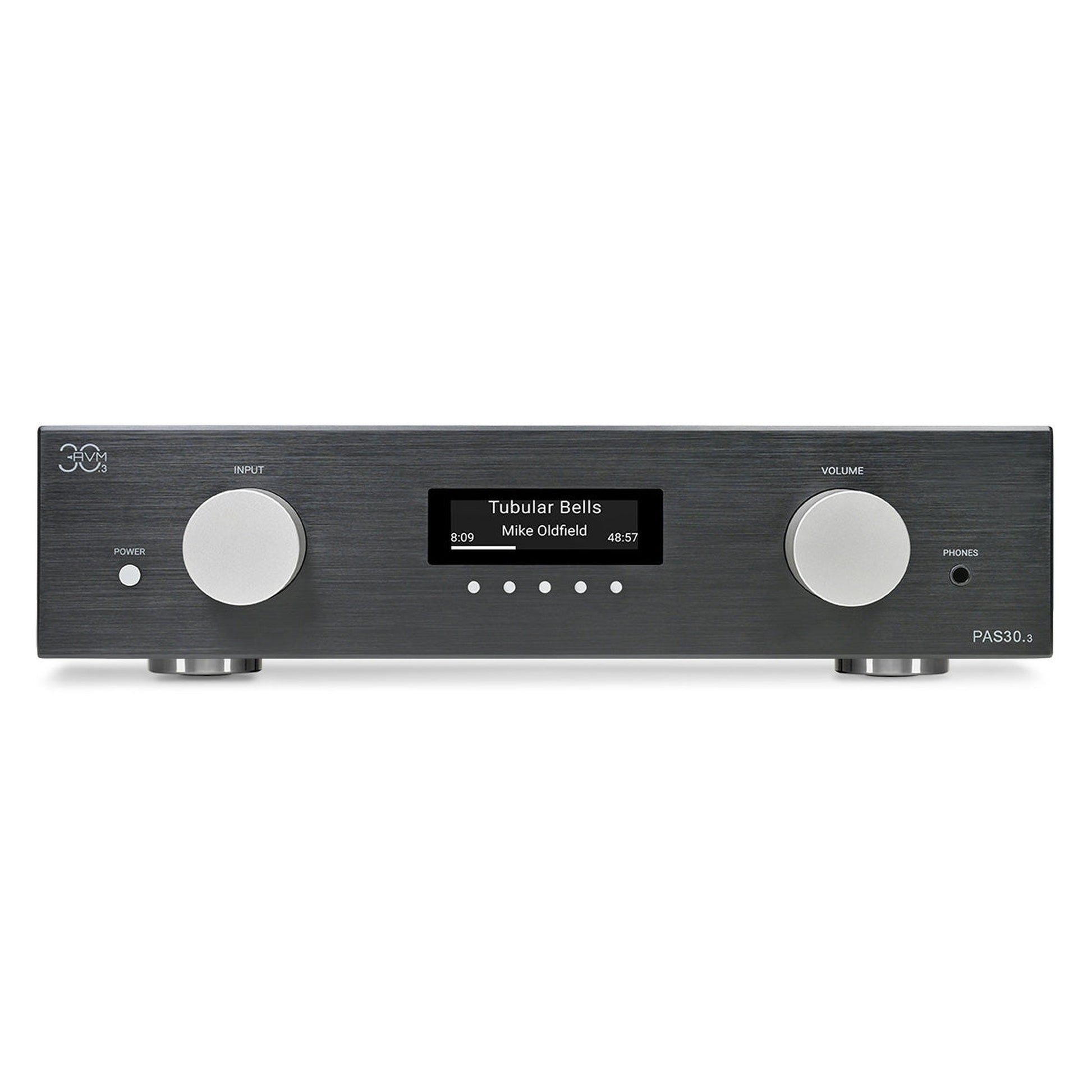 AVM PAS 30.3 Streaming-Vorverstärker Schwarz Frontansicht mit OLED-Display und Lautstärkeregler