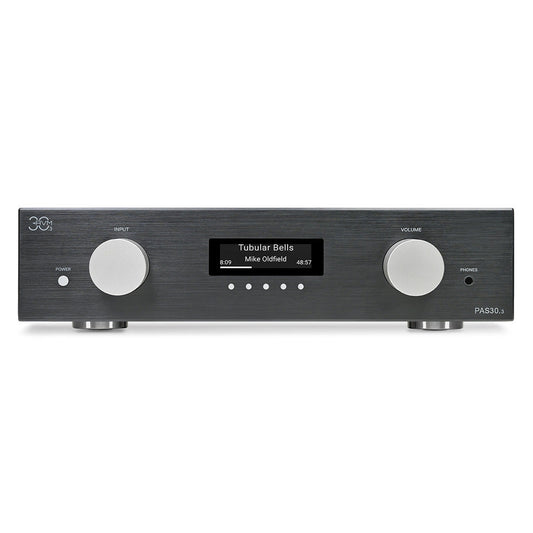 AVM PAS 30.3 Streaming-Vorverstärker Schwarz Frontansicht mit OLED-Display und Lautstärkeregler