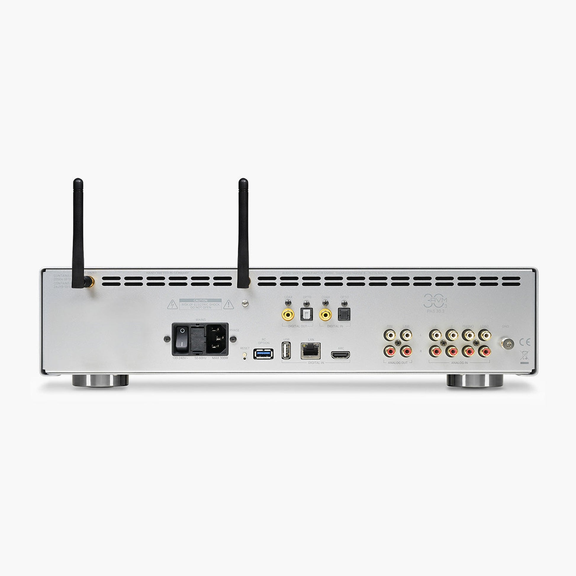 AVM PAS 30.3 Streaming-Vorverstärker Silber Rückansicht des Anschlussfelds mit WLAN-Antennen