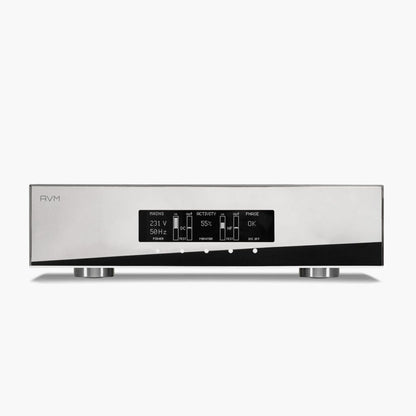 AVM PC 3.3 Netzfilter Cellini Chrom Frontansicht mit OLED-Display für Netzspannung und Phasenlage
