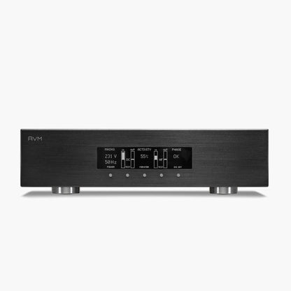 AVM PC 3.3 Netzfilter Schwarz Frontansicht mit OLED-Display für Netzspannung, Netzfrequenz und Phasenlage