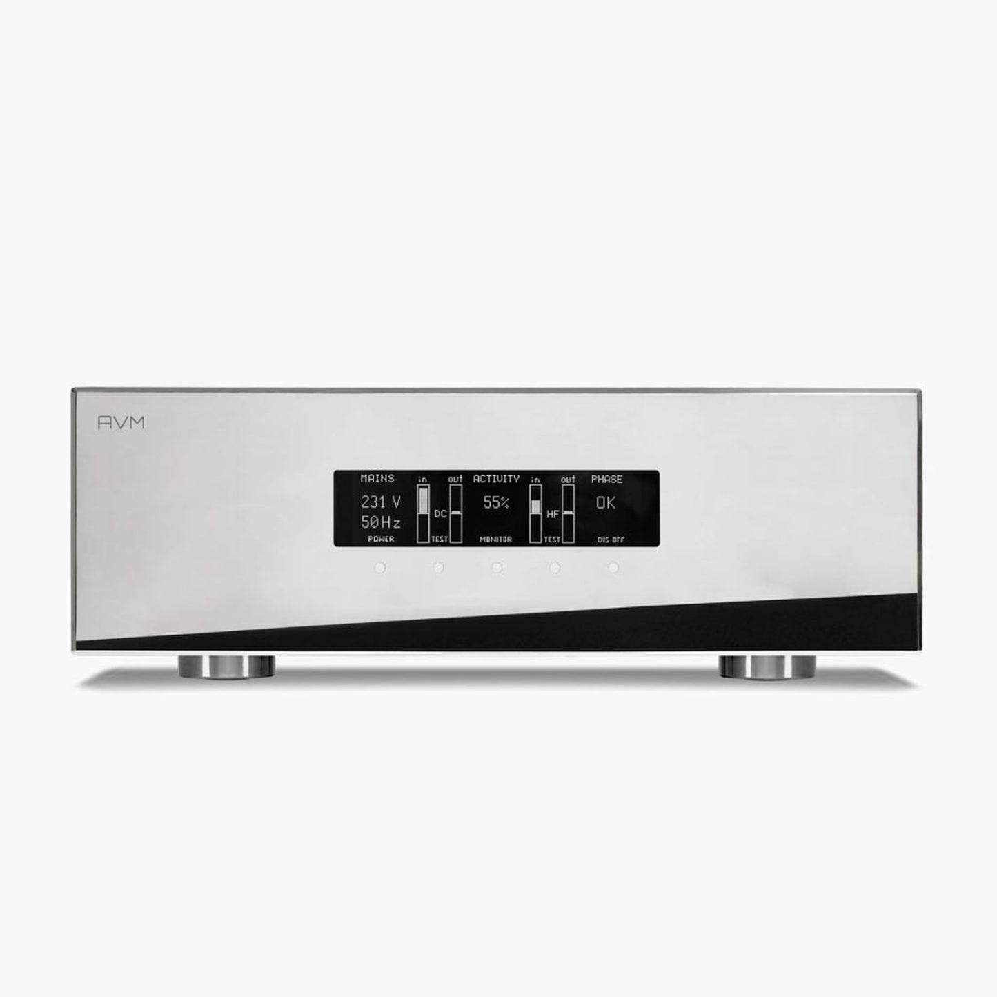 AVM PC 5.3 Netzfilter Cellini Chrom Frontansicht mit OLED-Display für Netzspannung und Phasenlage