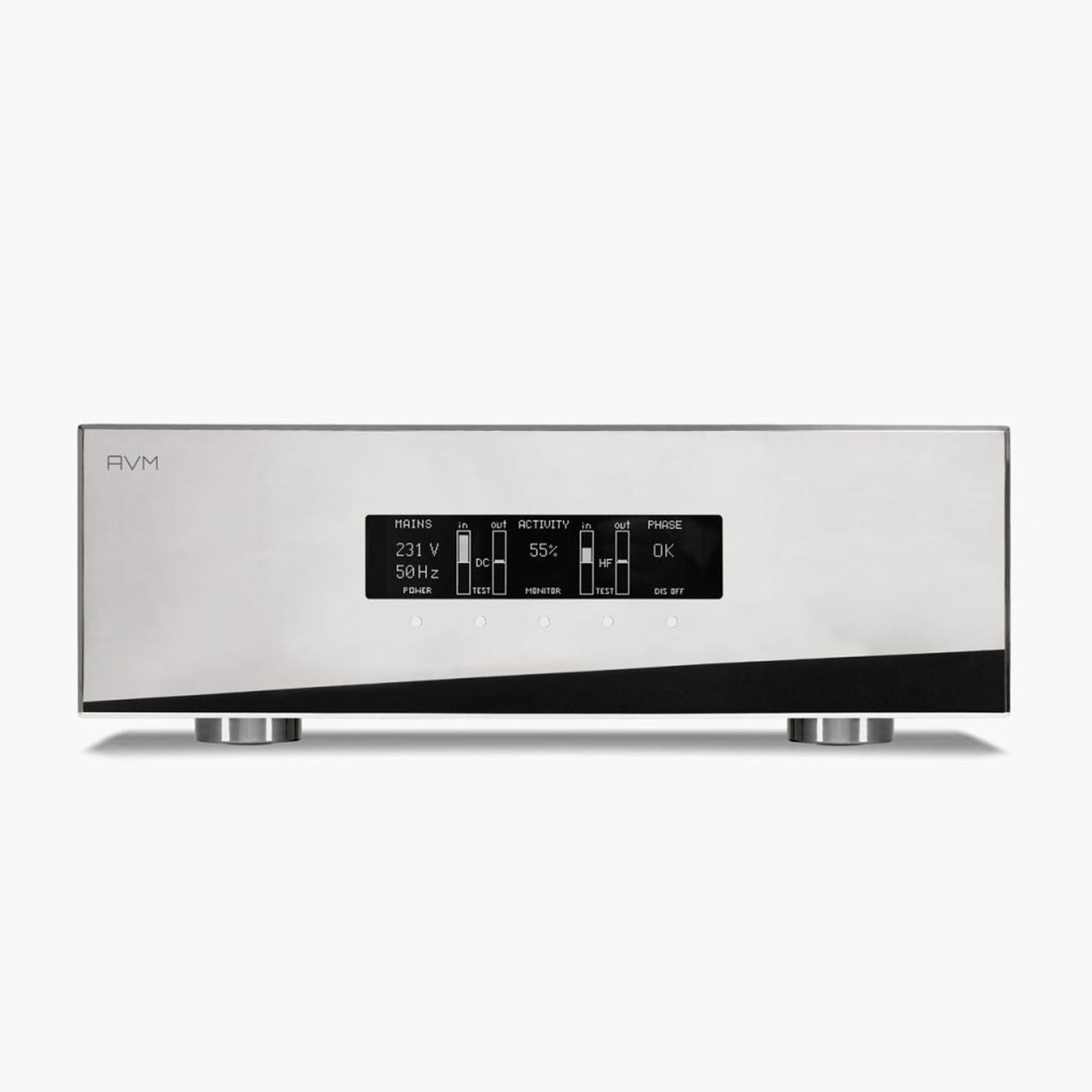AVM PC 5.3 Netzfilter Cellini Chrom Frontansicht mit OLED-Display für Netzspannung und Phasenlage
