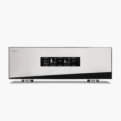 AVM PC 5.3 Netzfilter Cellini Chrom Frontansicht mit OLED-Display für Netzspannung und Phasenlage