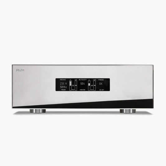 AVM PC 5.3 Netzfilter Cellini Chrom Frontansicht mit OLED-Display für Netzspannung und Phasenlage