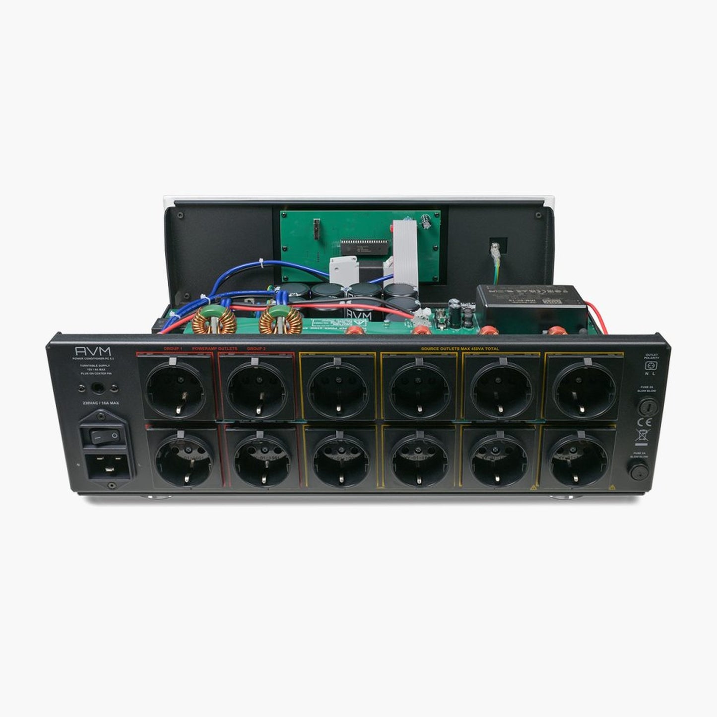 AVM PC 5.3 Netzfilter Innenansicht bei geöffnetem Deckel mit Ringkerndrosseln und Filterplatine