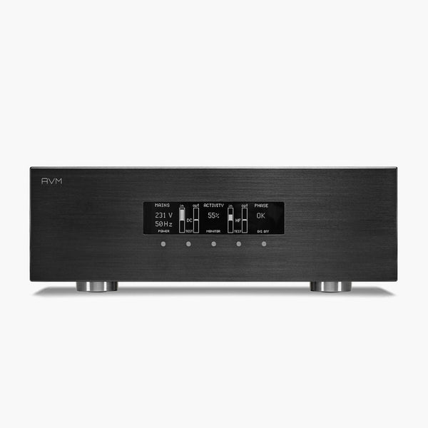 AVM PC 5.3 Netzfilter Schwarz Frontansicht mit OLED-Display für Netzspannung, Netzfrequenz und Phasenlage