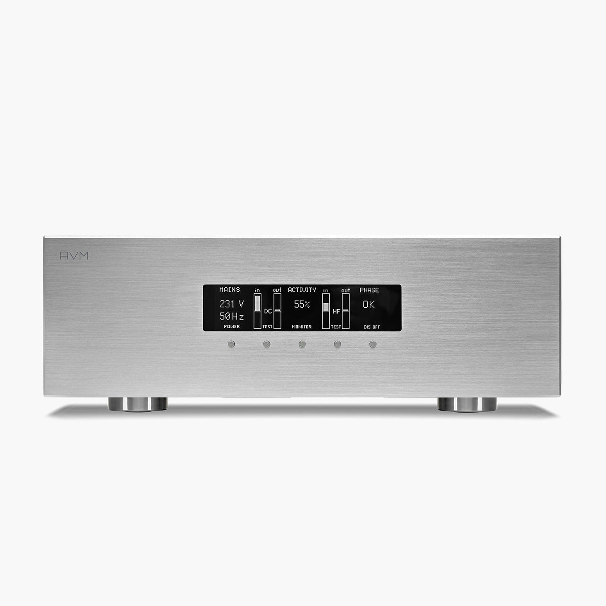 AVM PC 5.3 Netzfilter Silber Frontansicht mit OLED-Display für Netzspannung, Netzfrequenz und Phasenlage