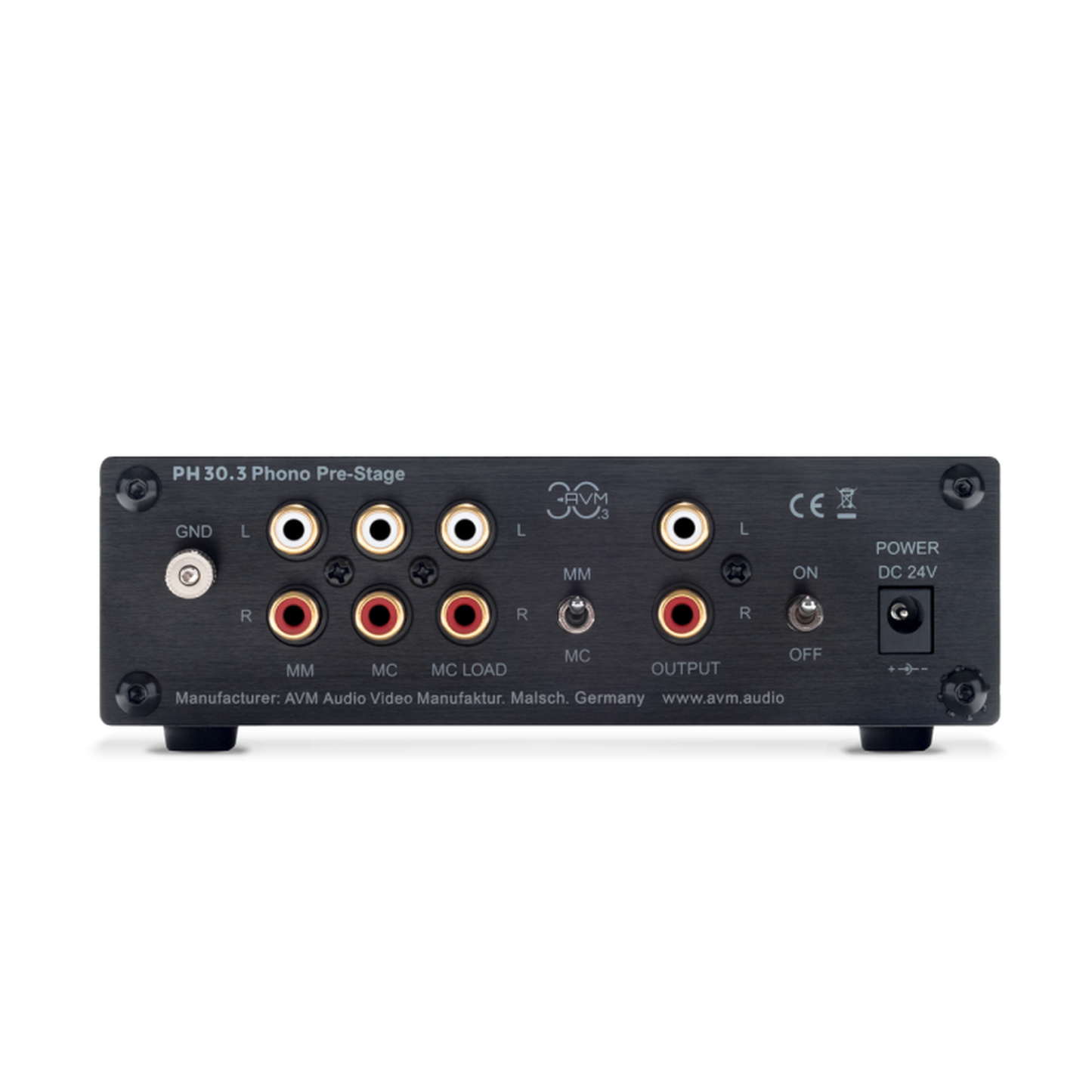 AVM PH 30.3 Phono-Vorverstärker Anschlussfeld mit MM- und MC-Eingang, Ausgang und Netzbuchse