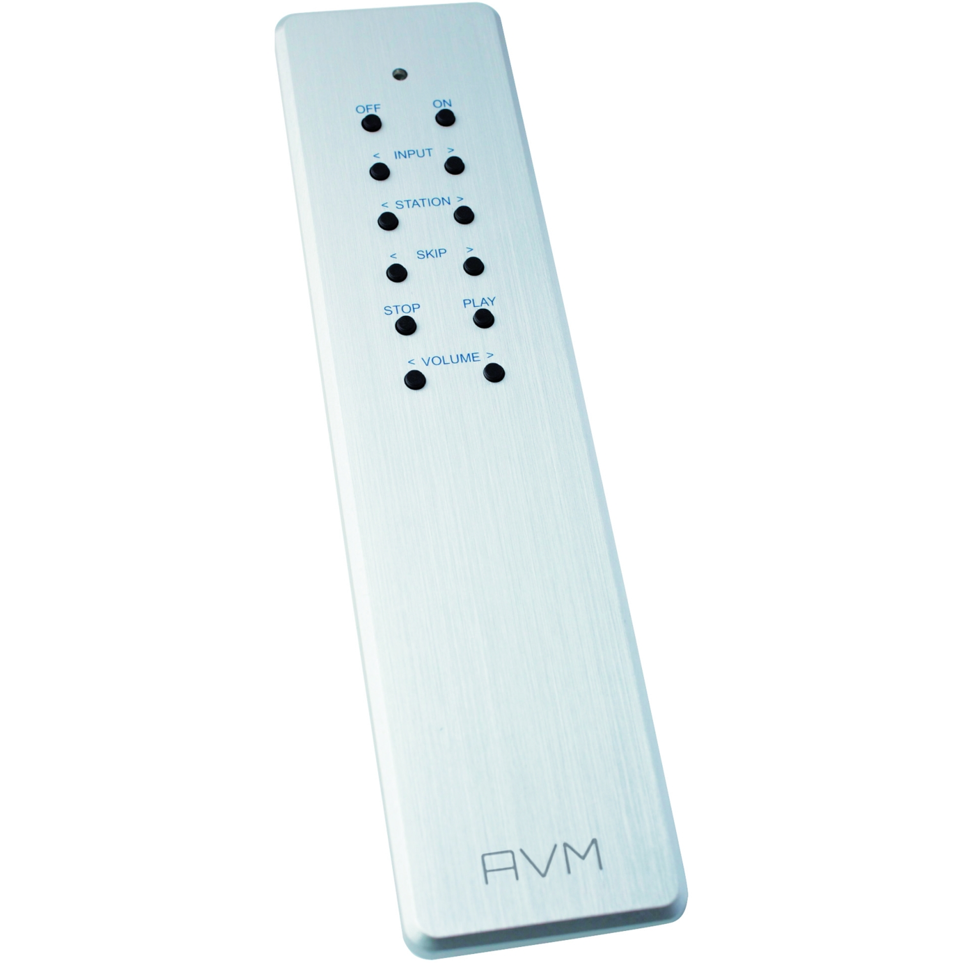 AVM RC 3 Infrarot-Fernbedienung Schrägansicht mit Aluminiumgehäuse und Tasten für Input, Station und Volume