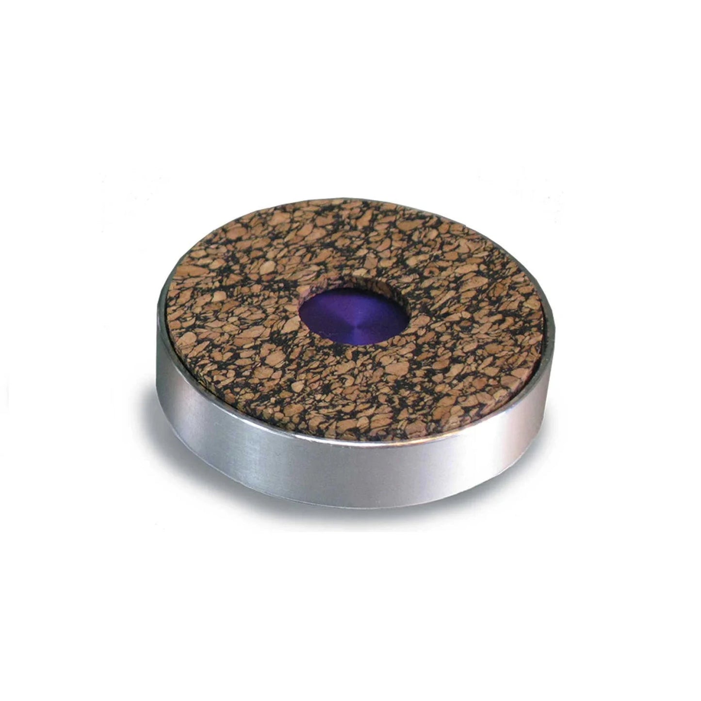 bFly-Audio b.Disc Pro MK2 Absorber-Unterlegscheibe Schrägansicht mit Kork-Kautschuk-Ring und lila Trennschicht