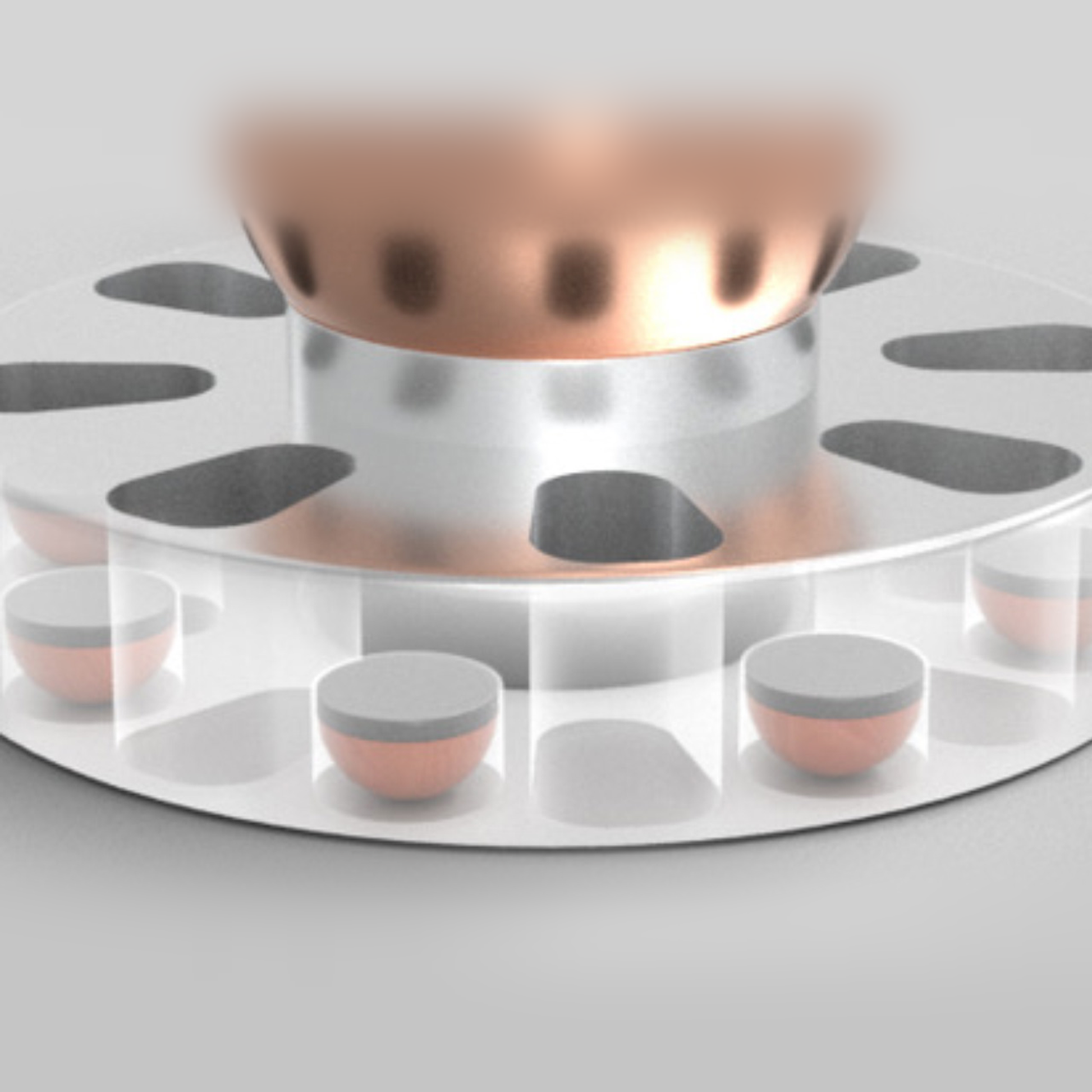 bFly-Audio Octopus Plattengewicht & Klemme Detailansicht, transparenter Ring mit Kupferkugel-Füssen