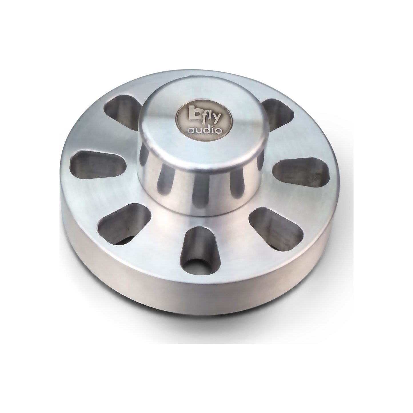 bFly-Audio Octopus Plattengewicht & Klemme Schrägansicht, Zylinder Aluminium-Silber