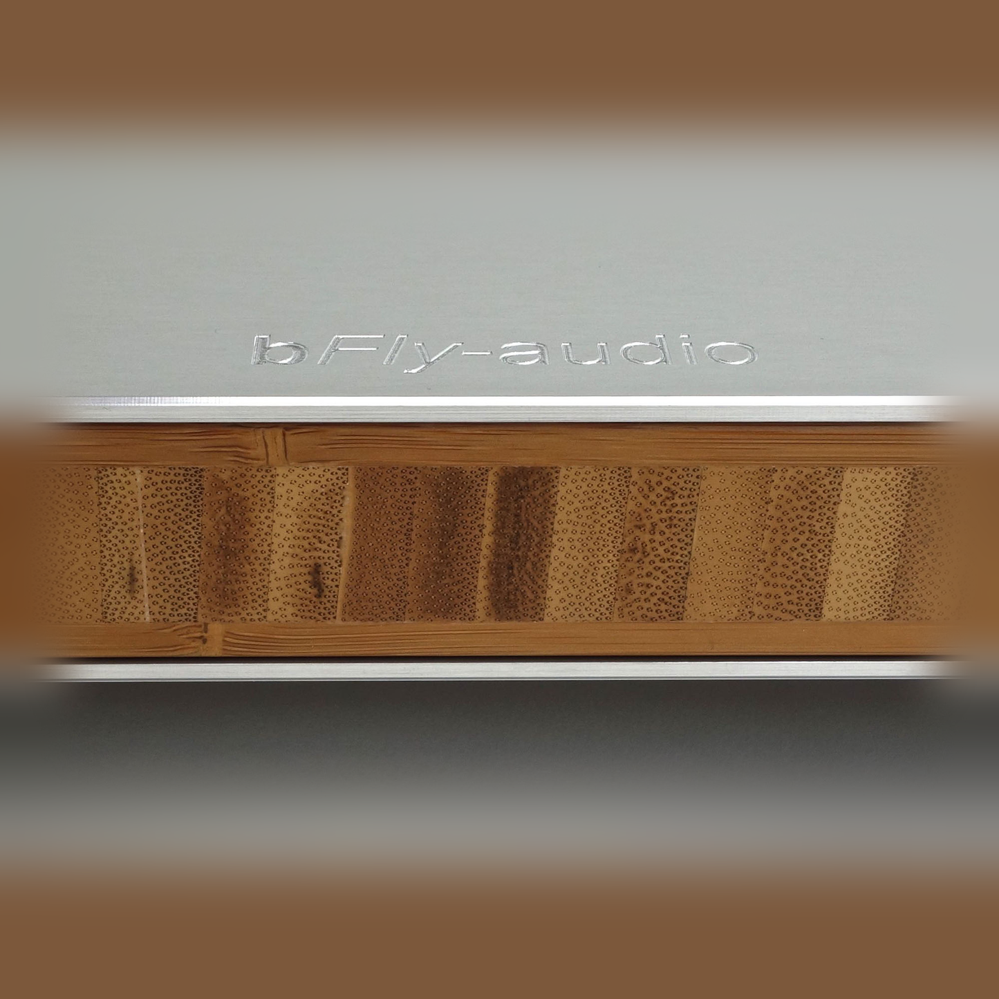bFly-Audio PowerBase Gerätebasis mit Erdung Detailansicht Logo-Gravur und Bambus-Kante
