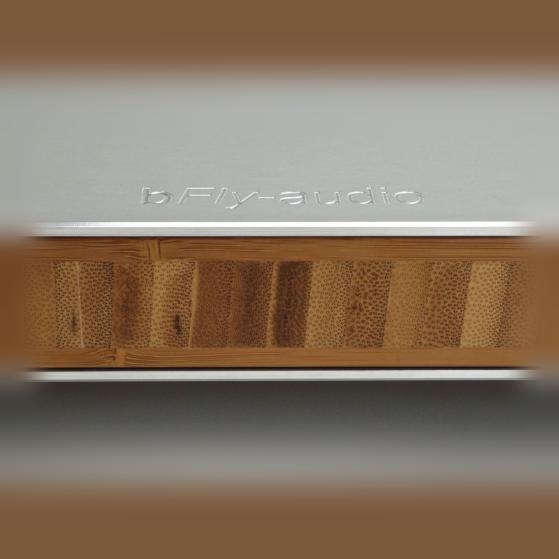 bFly-Audio PowerBase Gerätebasis mit Erdung Detailansicht Logo-Gravur und Bambus-Kante