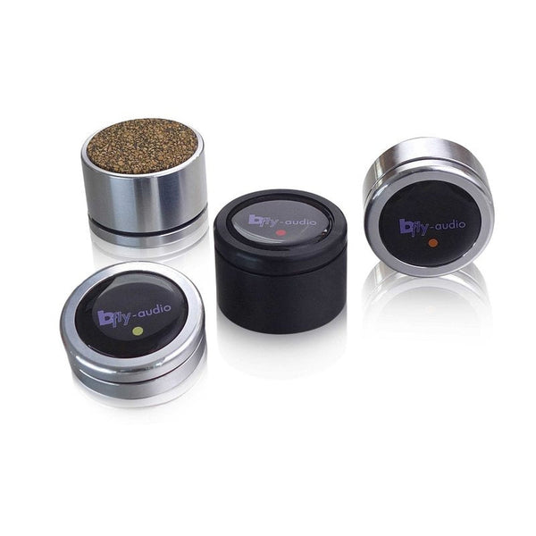 bFly-Audio Pure Absorber-Set Geräteabsorber Lieferumfang, vier Absorber in Silber und Schwarz