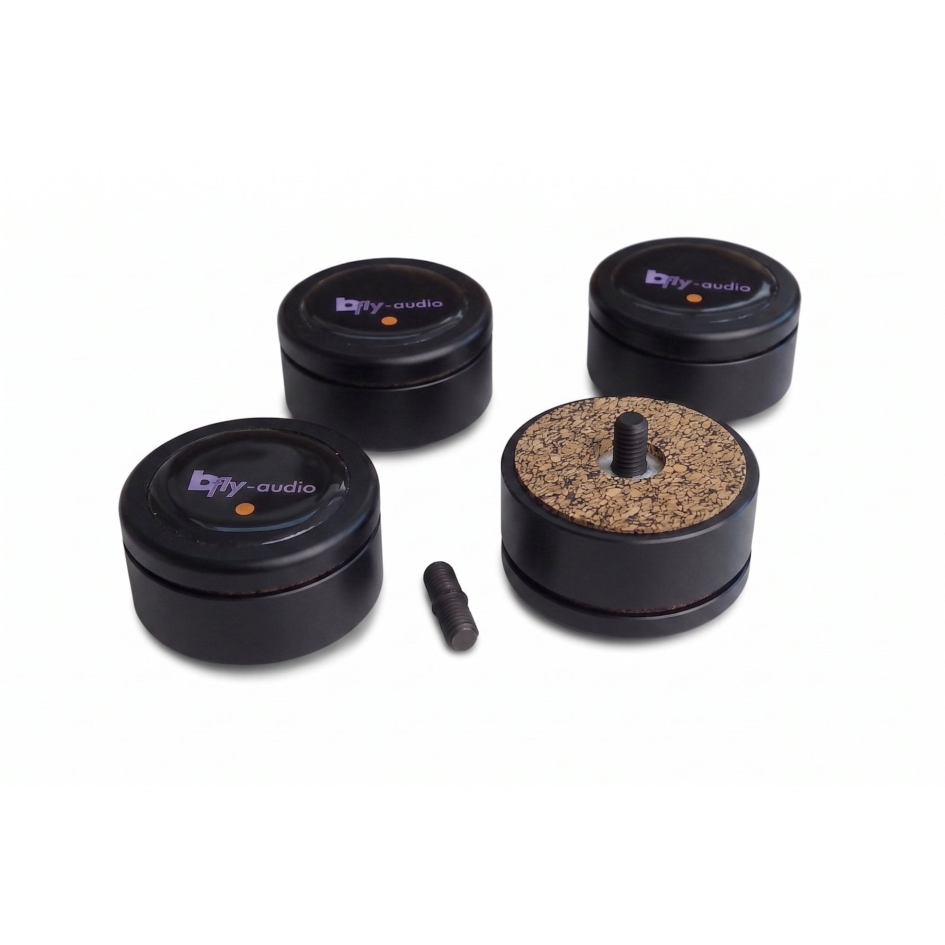 bFly-Audio Pure-Tube Geräteabsorber für Röhrenverstärker Schrägansicht, Schwarz- und Chrom-Ausführung mit Gewindestift