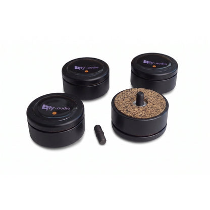 bFly-Audio Pure-Tube Geräteabsorber für Röhrenverstärker Schrägansicht, Schwarz- und Chrom-Ausführung mit Gewindestift