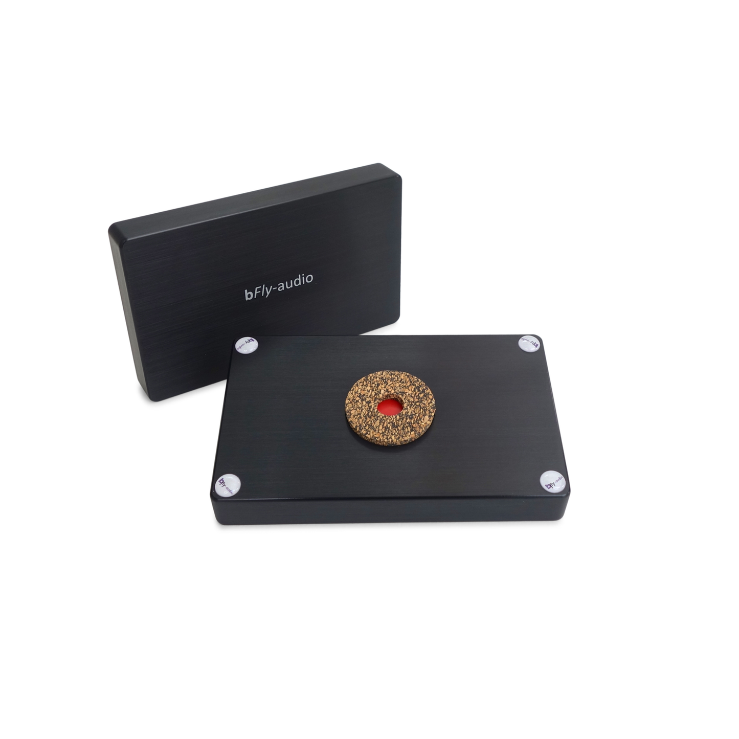 bFly-Audio Satellite-Q Gehäuseabsorber Unteransicht, schwarzes Gehäuse mit Absorber-Scheibe, Perspektive seitlich