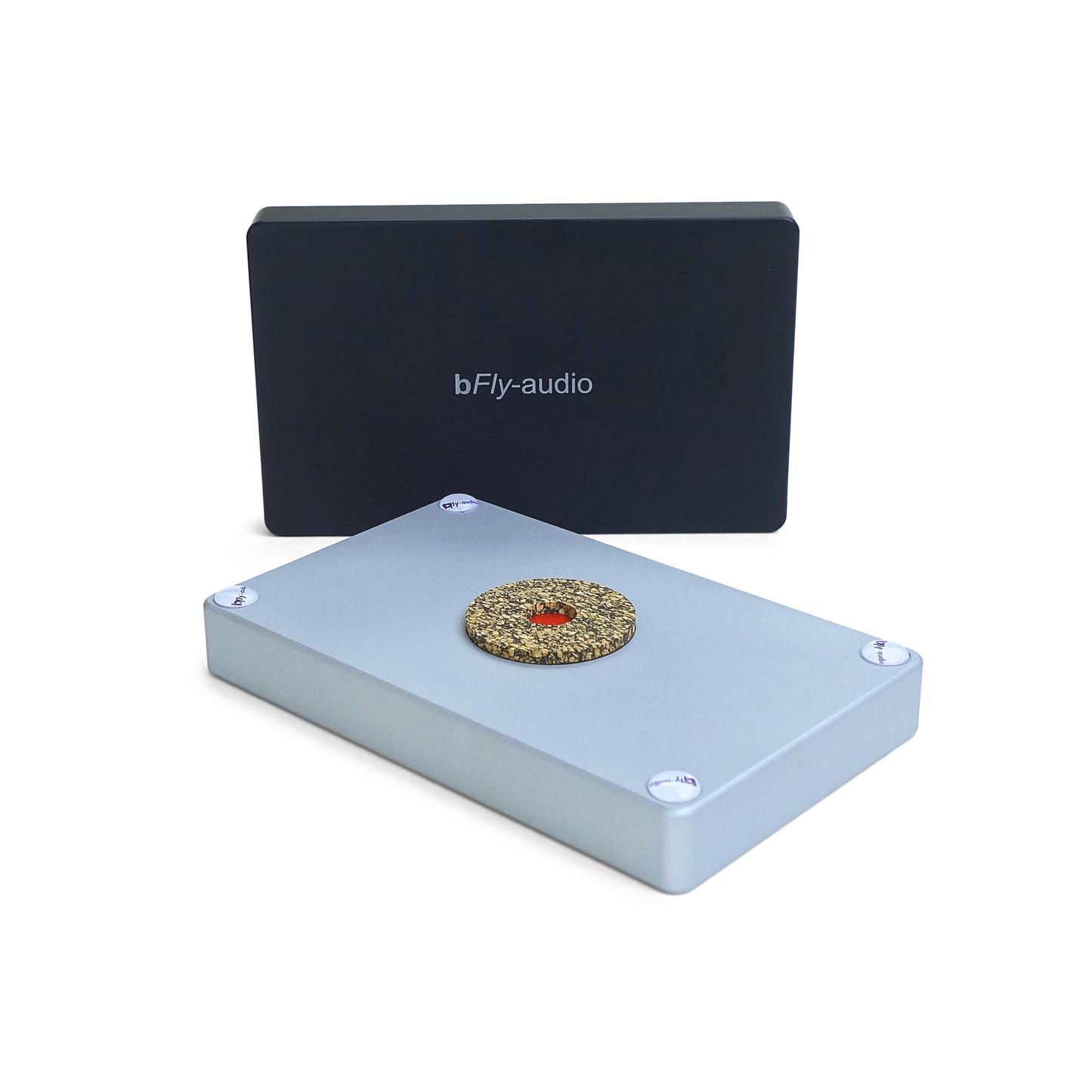 bFly-Audio Satellite-Q Gehäuseabsorber Unteransicht, schwarzes Gehäuse mit Absorber-Scheibe, Perspektive schräg