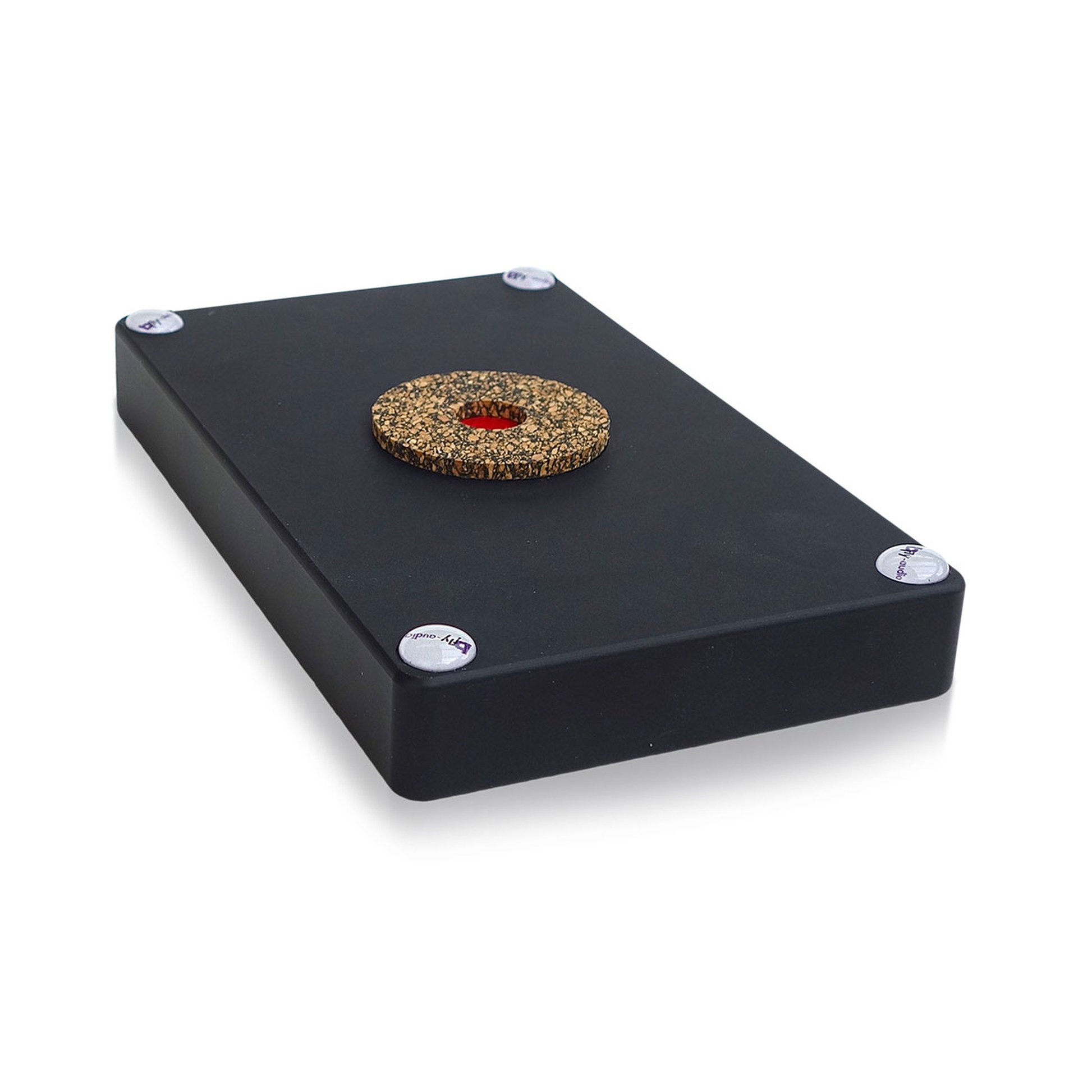 bFly-Audio Satellite-Q Gehäuseabsorber Unteransicht, schwarzes Gehäuse mit Absorber-Scheibe, Nahaufnahme