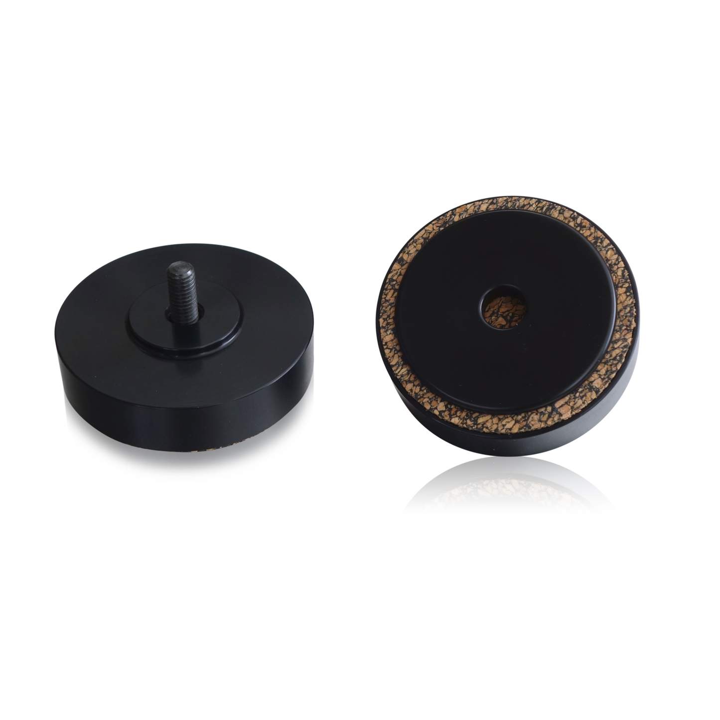 bFly-Audio Talis Basic Lautsprecher-Absorberfüsse Farbvariante Schwarz, Seitenansicht und Unterseite mit Kork-Ring