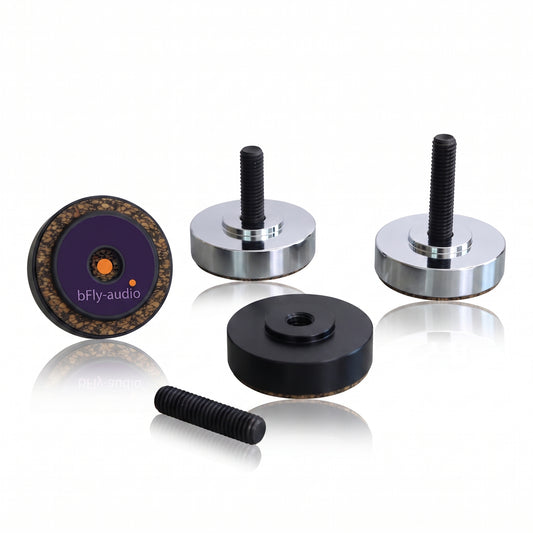 bFly-Audio Talis Basic Lautsprecher-Absorberfüsse Lieferumfang Chrom-Variante mit Verschlusskappe und Ersatzschraube