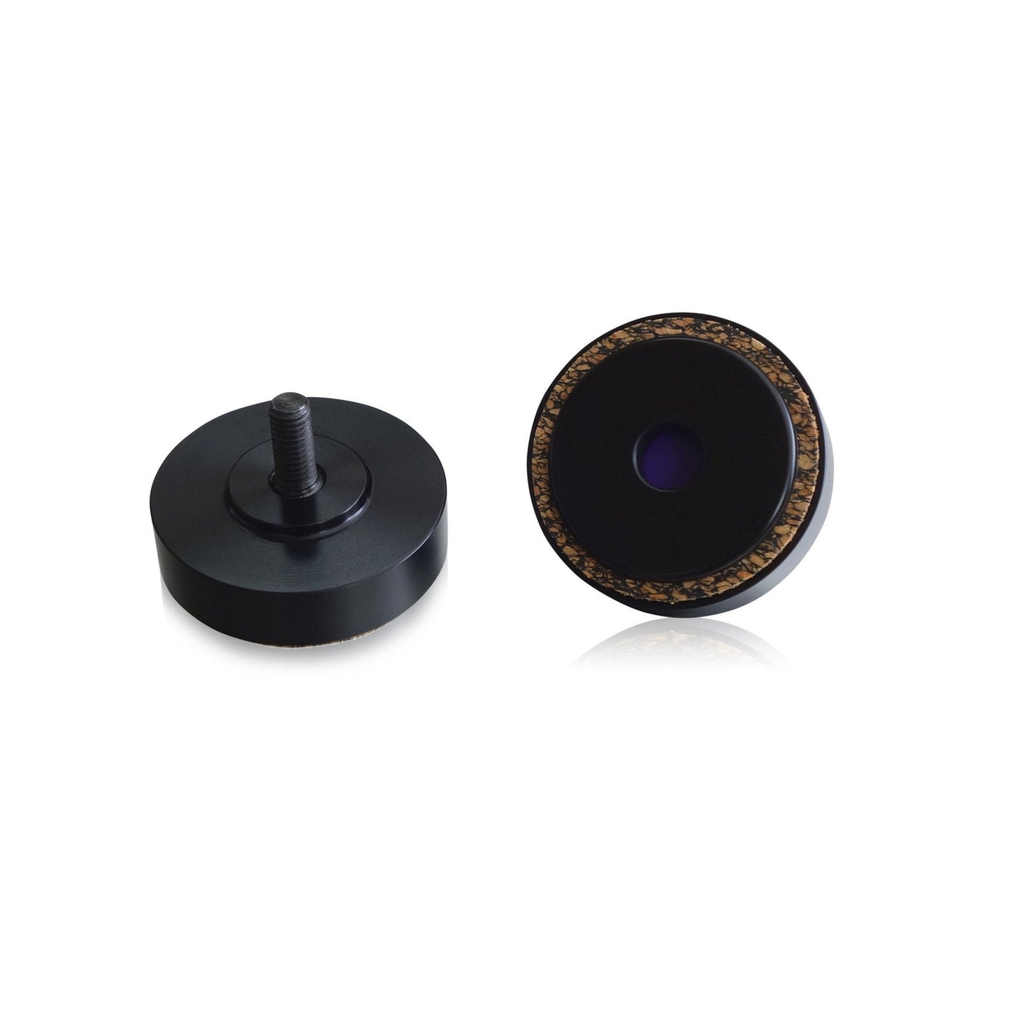 bFly-Audio Talis Pro Absorberfüsse Farbvariante Schwarz, Seitenansicht und Unterseite mit lila Trennschicht