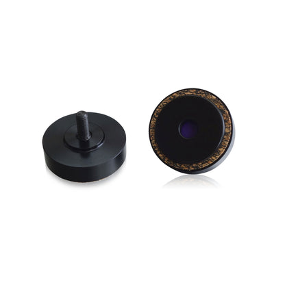 bFly-Audio Talis Pro Absorberfüsse Farbvariante Schwarz, Seitenansicht und Unterseite mit lila Trennschicht